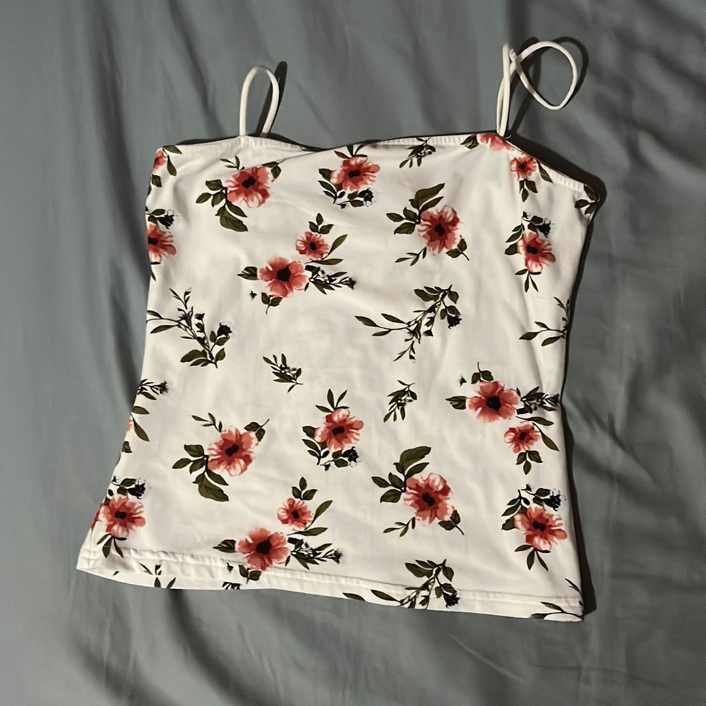 Floral Tank top. white base. spaghetti straps.
